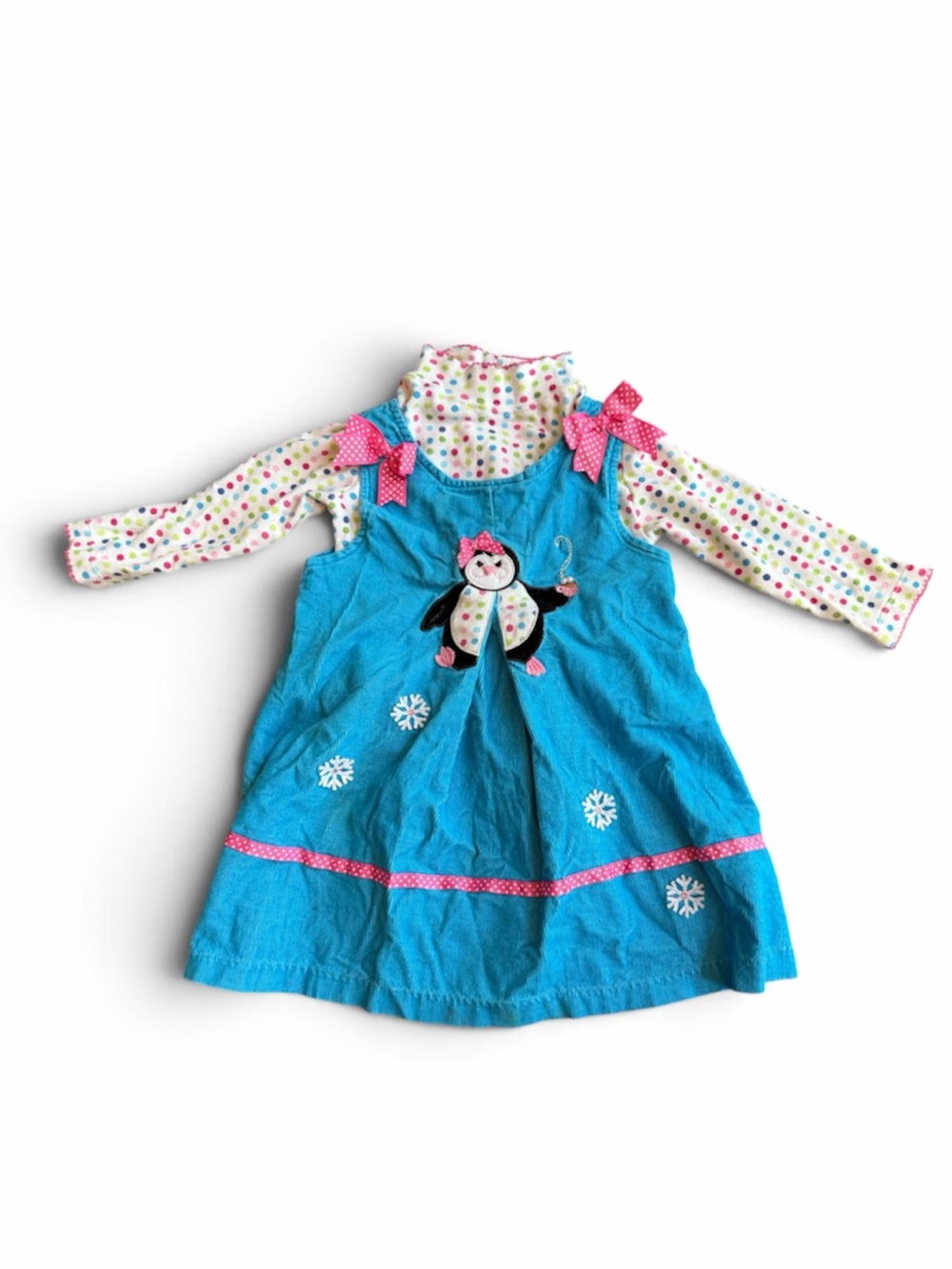 Rare Editions Blue Corduroy Dress Long Sleeve Shirt Polka Dot Blue Penguin Sz 3T